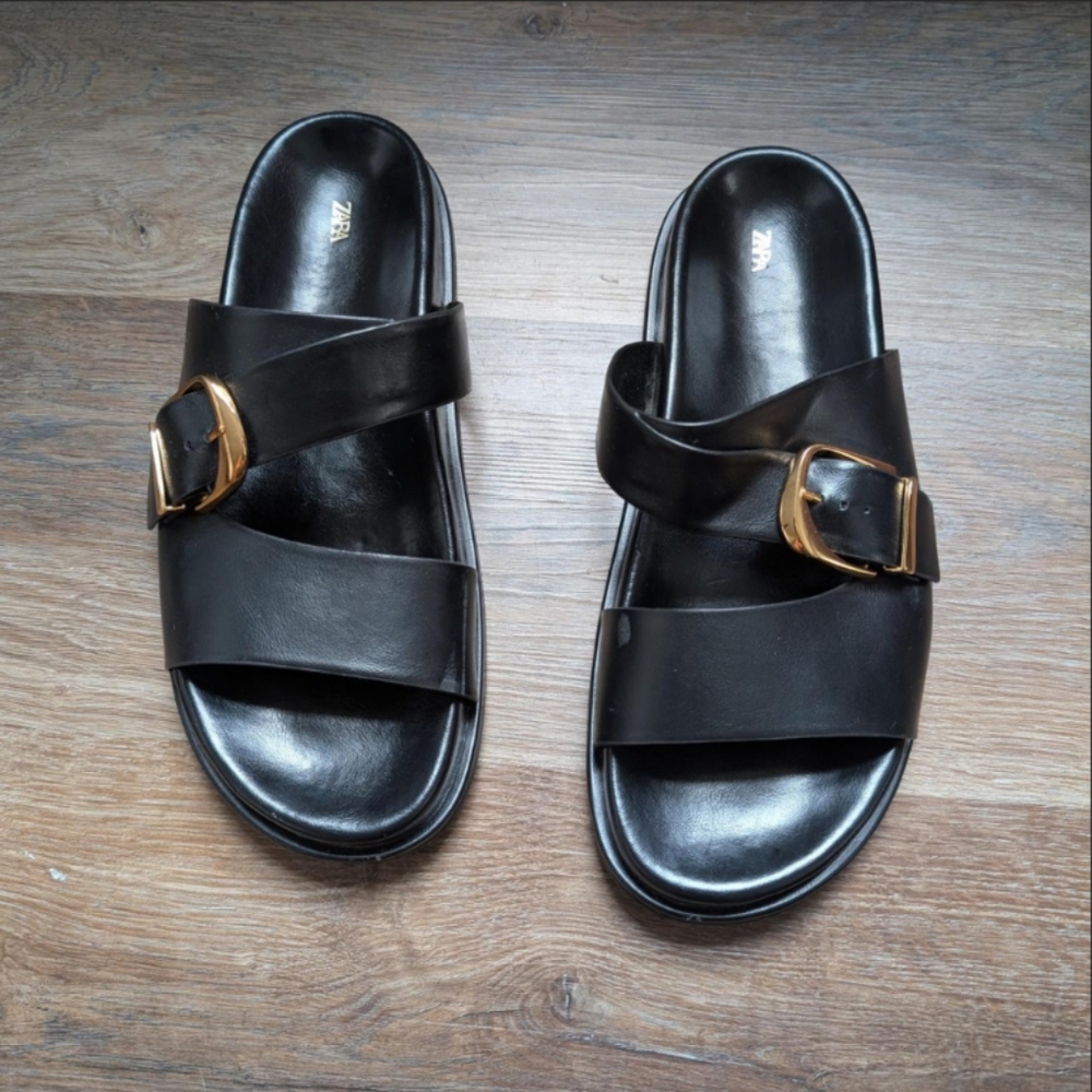 Zara Black Slide Sandals with Gold Buckles